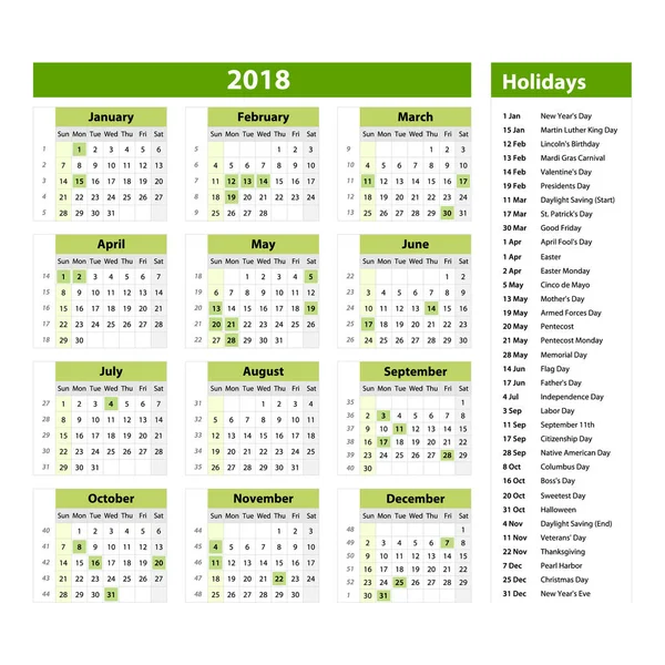 Vector de 2018 calendario de año nuevo y días festivos. estilo verde lima color, planificador de eventos de vacaciones, Semana comienza el domingo . — Vector de stock