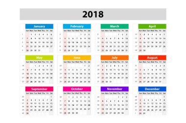 Masa takvimi 2018 yıl için. Vektör tasarım yazdırma şablonu. Hafta Pazar günü başlar. Takvim kılavuzu hafta numaraları ile