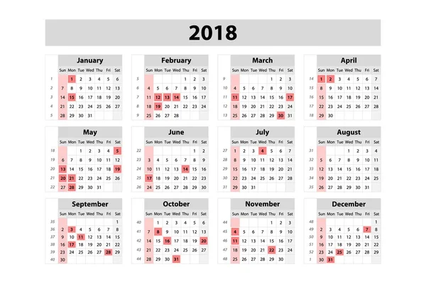 Calendario 2018 Año. Plantilla de impresión de diseño vector. La semana comienza el domingo. Conjunto de 12 meses — Vector de stock