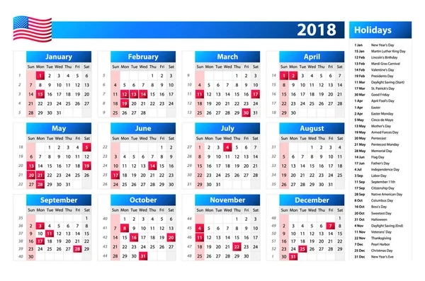 USA calendar 2018 - official holidays and non-working days, week starts on sunday — Stock Vector