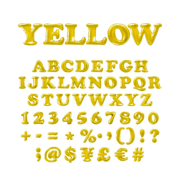 Alfabeto inglés y números de globos amarillos sobre fondo blanco. vacaciones y educación — Vector de stock