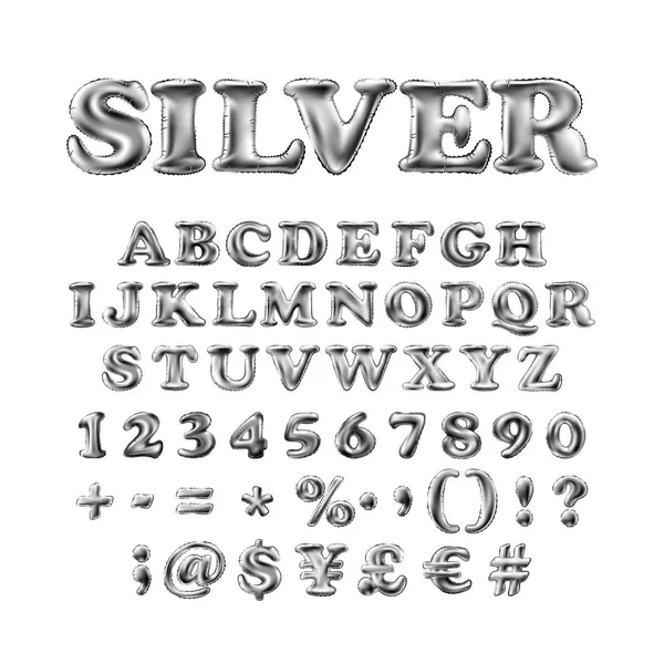 Alphabet anglais complet de ballons gonflables en argent avec point d'exclamation, point d'interrogation et hashtag isolés sur fond blanc — Image vectorielle