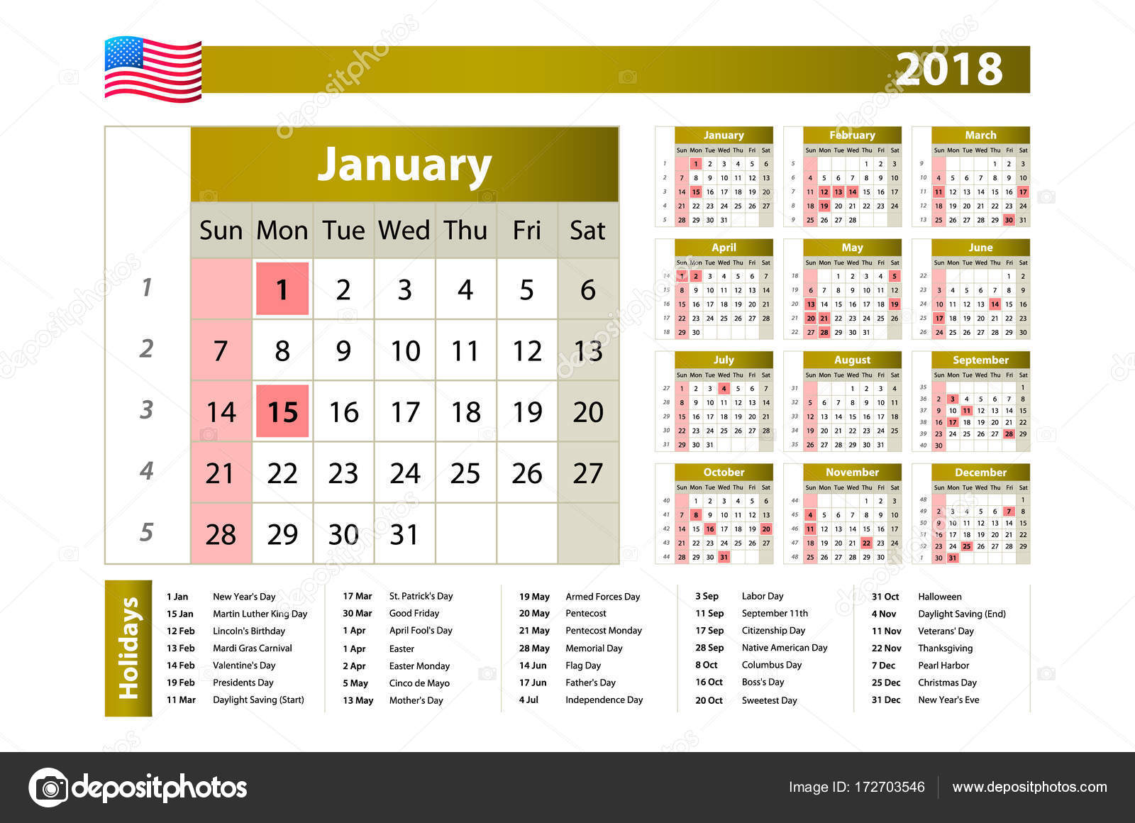 simple calendar 2018 one year at a glance starts monday with