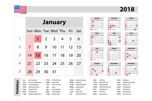 Kalender sederhana 2018 - satu tahun sekilas - dimulai pada hari Senin dengan hari libur untuk Amerika Serikat - Stok Vektor