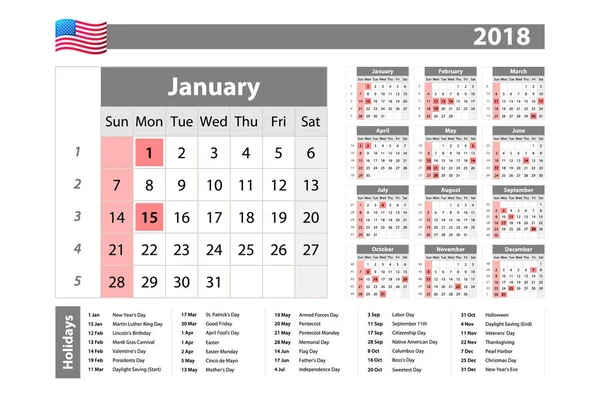 Kalender sederhana 2018 - satu tahun sekilas - dimulai pada hari Senin dengan hari libur untuk Amerika Serikat - Stok Vektor