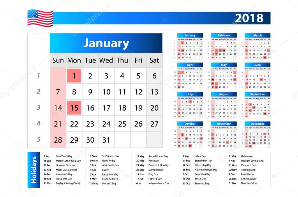 Calendário EUA 2018 feriados e dias não úteis, semana começa no