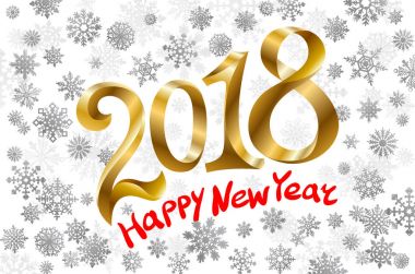 2018 mutlu yeni yıl. Tebrik kartı parlak konfeti düşen altın numaraları tasarımı. Kar taneleri arka plan üzerinde 2018 sayılarla banner. Vektör çizim.