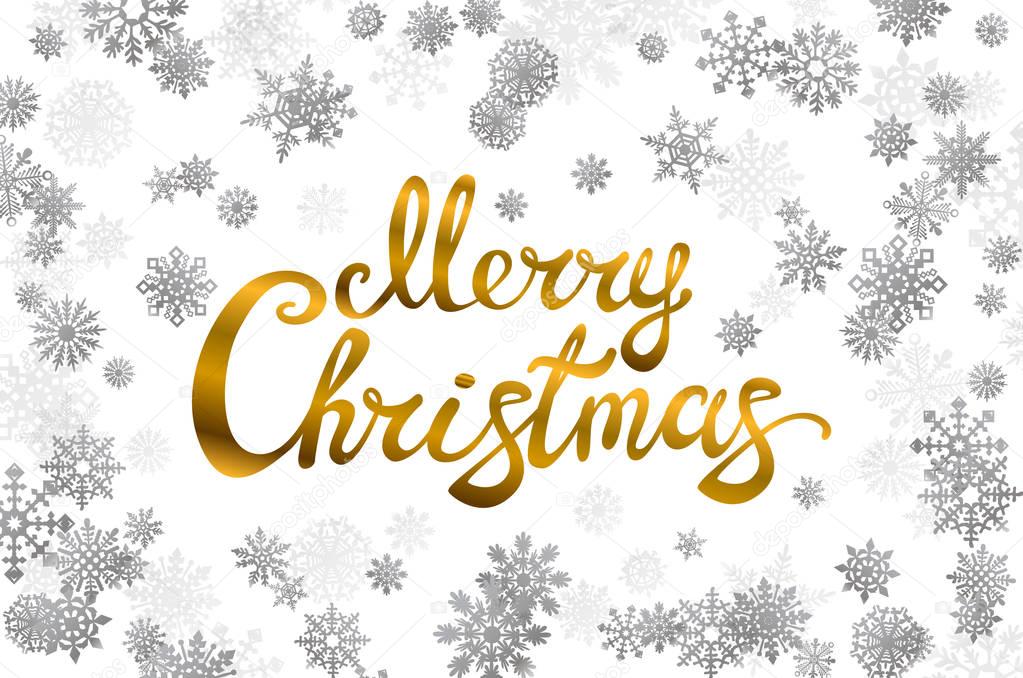 Merry Christmas gold glittering lettering design. snowflakes background Vector illustration EPS 10