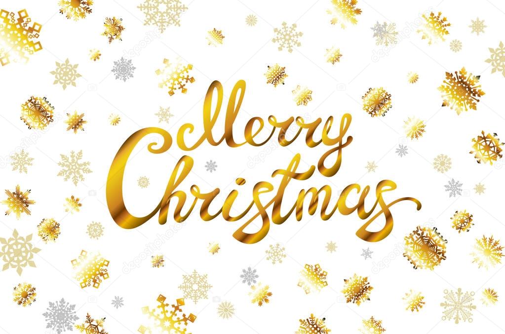 Merry Christmas gold glittering lettering design golden snowflakes. Vector illustration EPS 10