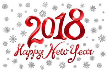 2018 mutlu yeni yıl tatil tebrik kartı kar taneleri desenli beyaz arka plan üzerinde. Kış tatil numaraları 2018 afiş tasarımı kırmızı ve yaratıcı metin oyma kesilmiş kağıt vektör.