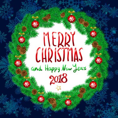 Noel çelenk ile neşeli Noel ve mutlu yeni yıl 2018 Vintage arka plan ile tipografi beyaz kartı. Vektör çizim.