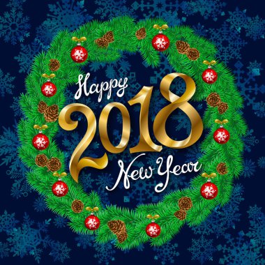 Mutlu yeni yıl 2018 Vintage arka plan ile tipografi beyaz kart Noel çelenk ile. Vektör çizim.