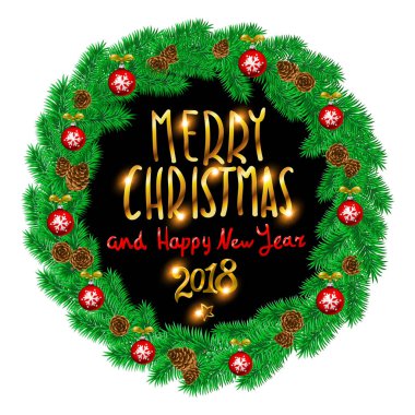 Noel çelenk ile neşeli Noel ve mutlu yeni yıl 2018 Vintage arka plan ile tipografi beyaz kartı. Vektör çizim.