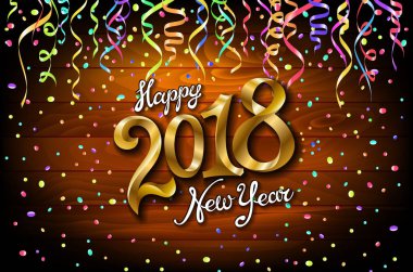 2018 mutlu yeni yıl kartı Noel renkli konfeti ve serpantin ahşap arka plan üzerinde. Altın metin tasarım. Vektör çizim.