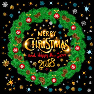 Noel çelenk ile altın neşeli Noel ve mutlu yeni yıl 2018 Vintage arka plan ile tipografi beyaz kartı. Vektör çizim.
