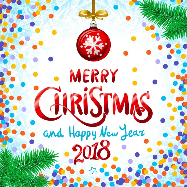 红色圣诞和新年快乐2018。五彩纸屑彩色矢量插图. — 图库矢量图片