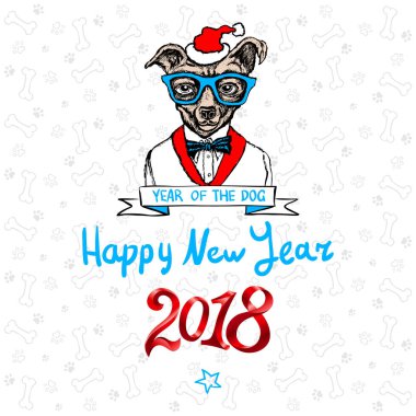 Happy 2018 yeni yıl kartı. Komik köpek yavrusu tatil tebrik ederiz. Köpek Çince Zodyak Yılı sembolü. Vektör çizim.