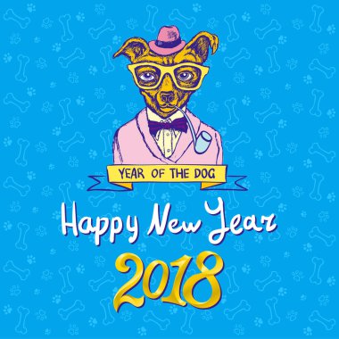 Santa Claus şapka oturma ve gülümseme mutlu küçük köpek. Köpek Çin takvimine 2018 yıl sembolüdür. Vektör çizim. Beyaz arka plan üzerinde izole.