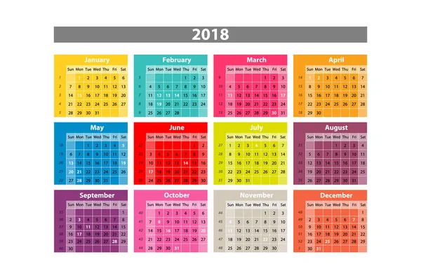 Vector Calendario de escritorio 2018. Plantilla de calendario de escritorio elegante minimalista de degradado colorido simple en fondo blanco — Vector de stock