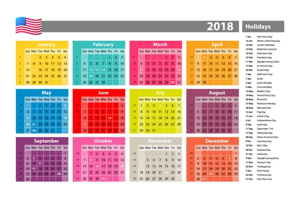 Vector Calendario simple 2018 marcado con los días festivos oficiales para los EE.UU.. La semana comienza el domingo . — Vector de stock