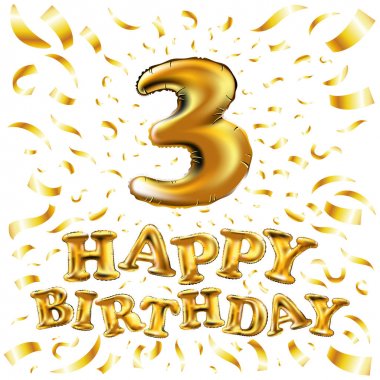 Altın sayı üç 3 metalik balon vektör. Parti dekorasyon altın balonlar. Mutlu tatil, kutlama, doğum günü, karnaval, yeni yıl yıldönümü işareti. Metalik tasarım balon.