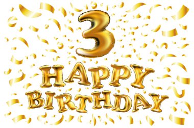 Altın sayı üç 3 metalik balon vektör. Parti dekorasyon altın balonlar. Mutlu tatil, kutlama, doğum günü, karnaval, yeni yıl yıldönümü işareti. Metalik tasarım balon.