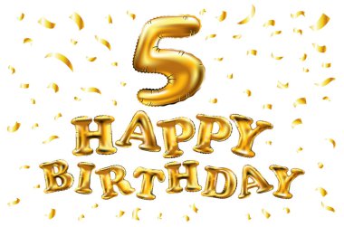 iyi ki doğdun altın 5 numara beş metalik balon vektör. Parti dekorasyon altın balonlar. Mutlu tatil, kutlama, doğum günü, karnaval, yeni yıl yıldönümü işareti.