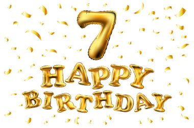 Altın sayı yedi metalik balon vektör. Parti dekorasyon altın balonlar. Mutlu tatil, kutlama, doğum günü, karnaval, yeni yıl yıldönümü işareti. Metalik tasarım balon.