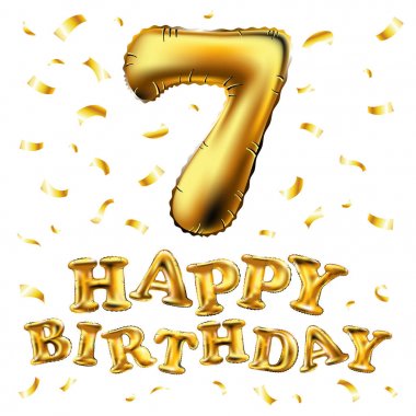 Altın sayı yedi metalik balon vektör. Parti dekorasyon altın balonlar. Mutlu tatil, kutlama, doğum günü, karnaval, yeni yıl yıldönümü işareti. Metalik tasarım balon.