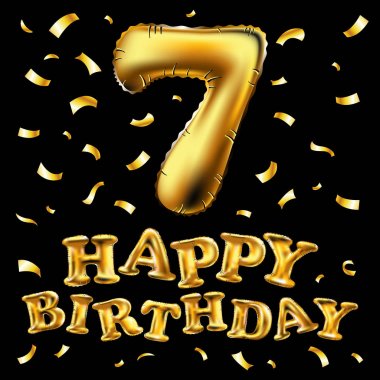 Altın sayı yedi metalik balon vektör. Parti dekorasyon altın balonlar. Mutlu tatil, kutlama, doğum günü, karnaval, yeni yıl yıldönümü işareti. Metalik tasarım balon.