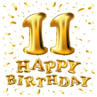 11 doğum günü kutlaması ile altın balonlar konfeti, pırıltılar vektör. tebrik kartı, doğum günü davetiyesi ve on bir yıl yıldönümü kutlama partisi için 3D çizim tasarım