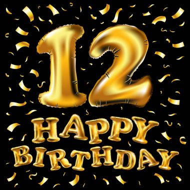 12 yıl yıldönümü kutlama tasarım. konfeti, balon ve bayrak altın izole üzerinde siyah arka plan, renkli tebrik kartı ve davetiye için tasarım vektör