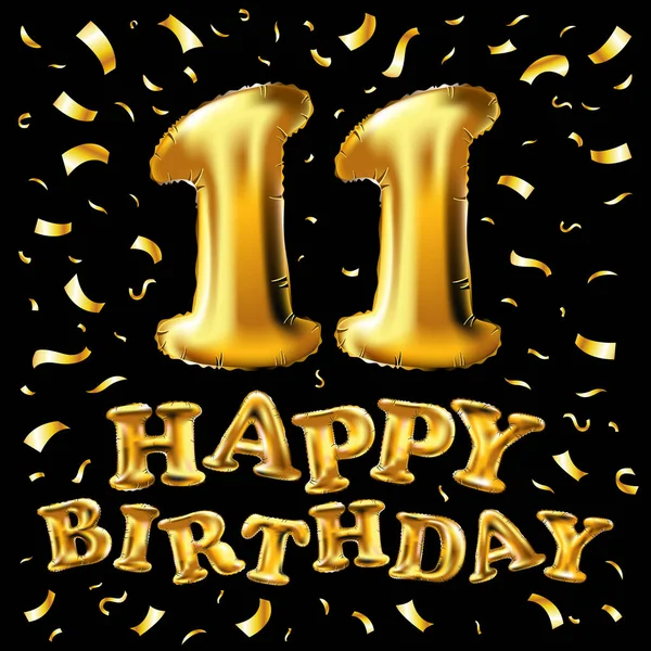 Vecteur 11e anniversaire célébration avec des confettis de ballons d'or, paillettes. 3d Illustration design pour votre carte de vœux, invitation d'anniversaire et fête de onze ans — Image vectorielle