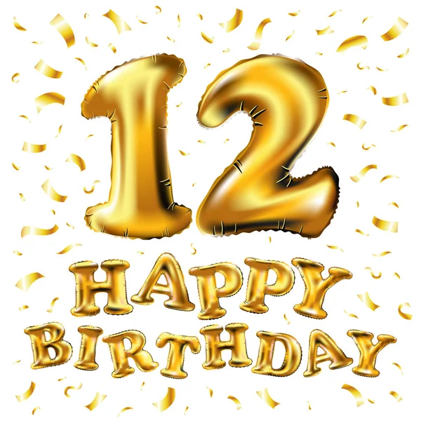 Vetor 12th Celebração de aniversário com balões de ouro e confete dourado, brilhos. Design de ilustração 3d para o seu cartão de saudação, convite de aniversário e festa de celebração de doze anos aniversário . — Vetor de Stock