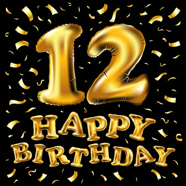 12 años de diseño de celebración aniversario. con confeti, globo y bandera de color dorado aislado sobre fondo negro, diseño vectorial para tarjeta de felicitación y tarjeta de invitación — Archivo Imágenes Vectoriales