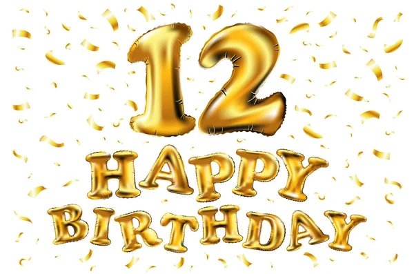 12 Celebración del aniversario con brillantes globos de oro y coloridos confeti vivos. doce 3d Diseño de ilustración para su aniversario único — Vector de stock