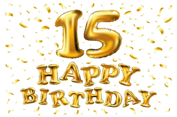 Vector feliz cumpleaños 15 años de color dorado, quince globos y confeti aislados sobre fondo negro elegante, diseño para la celebración, tarjeta de invitación y tarjeta de felicitación — Archivo Imágenes Vectoriales