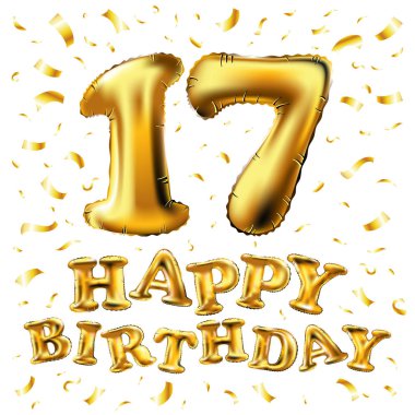 Altın sayı 17 on yedi metalik balon vektör. Parti dekorasyon altın balonlar. Mutlu tatil, kutlama, doğum günü, karnaval, yeni yıl yıldönümü işareti. Sanat