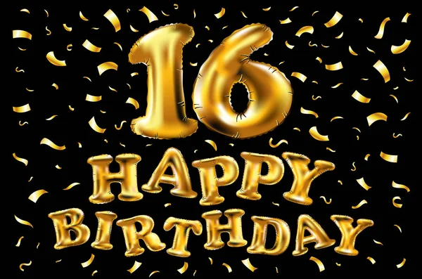 Celebración de cumpleaños 16 con globos de oro y confeti colorido, purpurina. Diseño de ilustración 3d para su tarjeta de felicitación, invitación de cumpleaños y fiesta de celebración de dieciséis años aniversario . — Archivo Imágenes Vectoriales