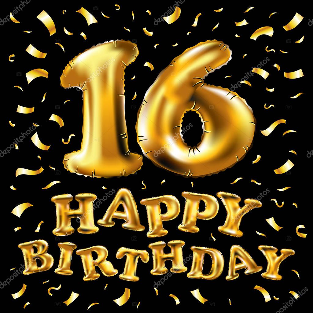 16th Birthday celebration with gold balloons and colorful confetti, glitters. 3d Illustration design for your greeting card, birthday invitation and Celebration party of sixteen years anniversary.
