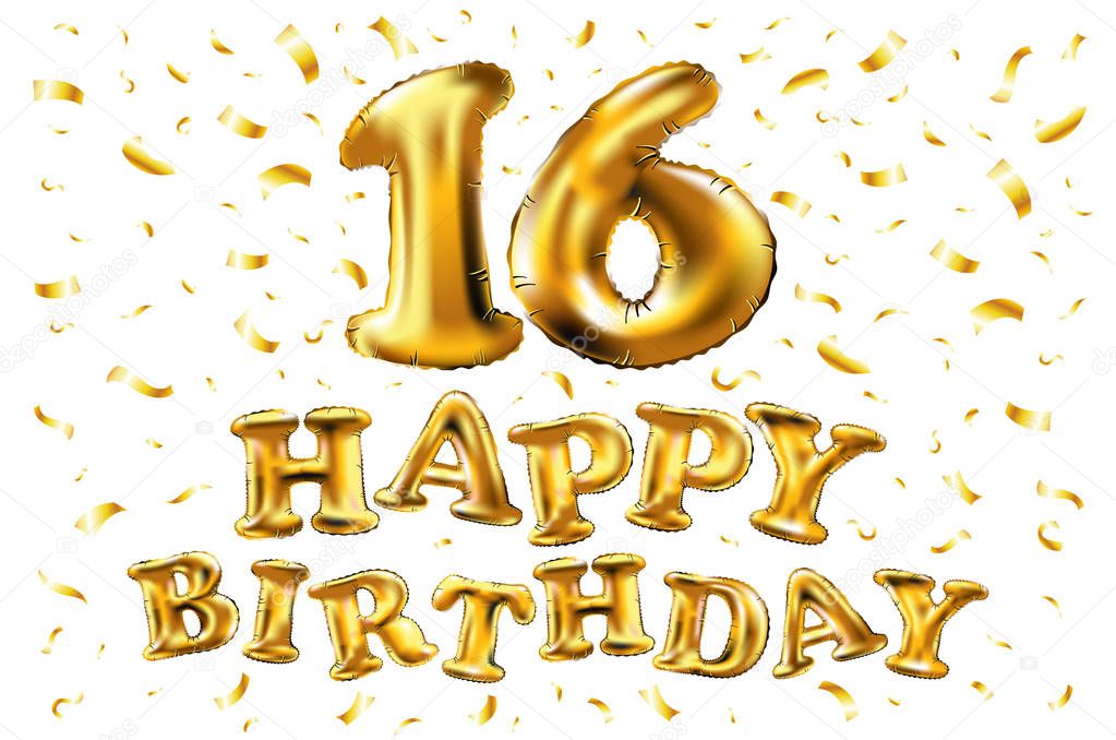 Happy birthday 16 years anniversary joy celebration. 3d Illustration with brilliant gold balloons & delight confetti for your unique greeting card, banner, birthday invitation, celebrate anniversary