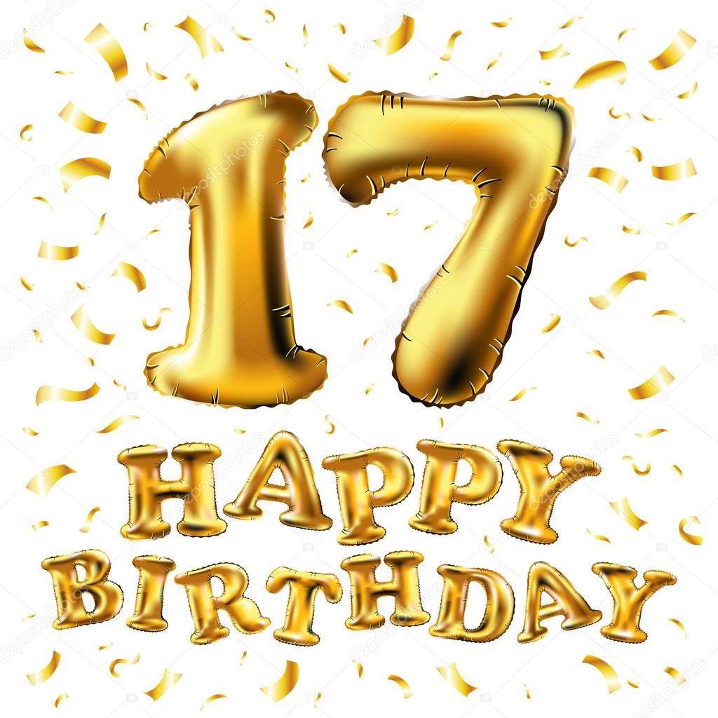 Vector Golden number 17 seventeen metallic balloon. Party decoration golden balloons. Anniversary sign for happy holiday, celebration, birthday, carnival, new year. art