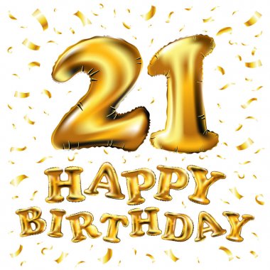 Altın sayı yirmi bir metalik balon. Parti dekorasyon altın balonlar. Mutlu tatil, kutlama, doğum günü, karnaval, yeni yıl yıldönümü işareti. 21 metalik tasarım balon. Sanat