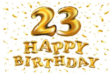 Altın balonlar ve renkli konfeti pırıltılar ile 23 doğum günü kutlaması. tebrik kartı, doğum günü davetiyesi ve yirmi üç yıl yıldönümü kutlama partisi için 3D çizim tasarım
