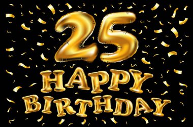 Altın sayı 25 yirmi beş metalik balon. Parti dekorasyon altın balonlar. Mutlu tatil, kutlama, doğum günü, karnaval, yeni yıl yıldönümü işareti. Metalik tasarım balon.