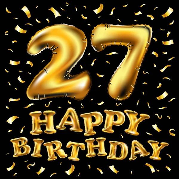 27 obchody urodzin z gold balony i kolorowe konfetti błyszczy. Projektowanie 3D ilustracja karty z pozdrowieniami, urodziny zaproszenie i Partia celebracja dwadzieścia siedem lat rocznica — Wektor stockowy