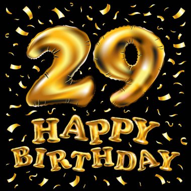 mutlu yıllar 29rd kutlama altın balonlar ve altın konfeti pırıltılar vektör. tebrik kartı, davet ve yirmi dokuz 29 yıl yıldönümü kutlama partisi için 3D çizim tasarım