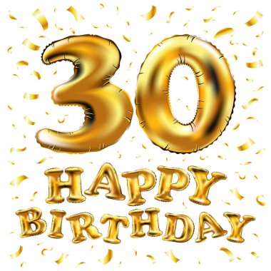 30 doğum günü kutlaması ile altın balonlar ve renkli konfeti pırıltılar. tebrik kartı, doğum günü davetiyesi ve otuz yıl yıldönümü kutlama partisi için 3D çizim tasarım