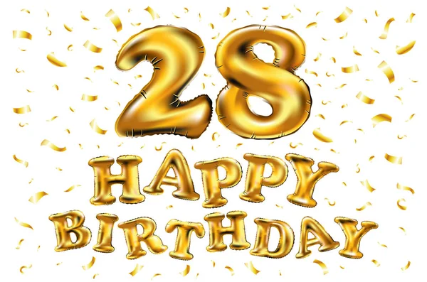 28 obchody urodzin z gold balony i kolorowe konfetti błyszczy. Projektowanie 3D ilustracja karty z pozdrowieniami, urodziny zaproszenie i Partia celebracja dwadzieścia osiem lat rocznica — Wektor stockowy