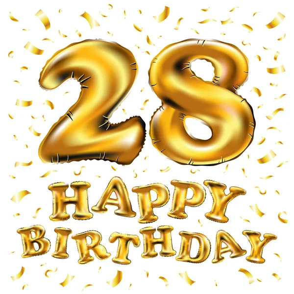 Celebración del 28º cumpleaños con globos dorados y coloridos brillos de confeti. Diseño de ilustración 3d para su tarjeta de felicitación, invitación de cumpleaños y fiesta de celebración de veintiocho años aniversario — Archivo Imágenes Vectoriales